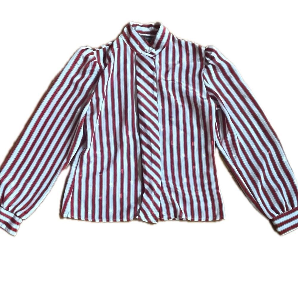 Vintage 80s L'Tonary Red & White Striped
Blouse Puff Sleeve Button Up Medium